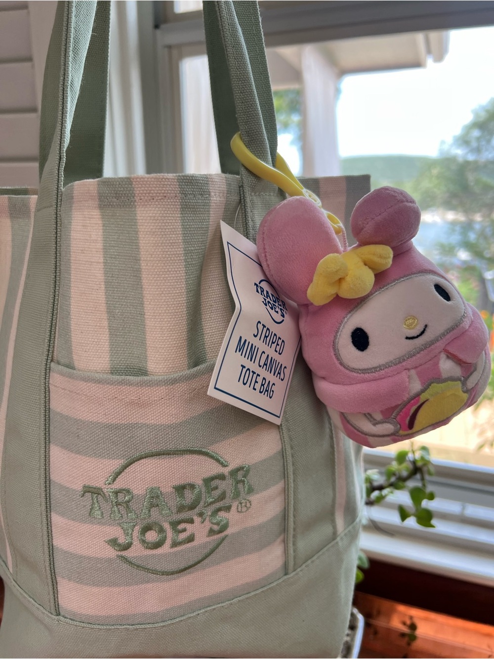 💚✨Trader Joe's Mint Striped Canvas Tote Bag with Melody keychain - Picture 5 of 5